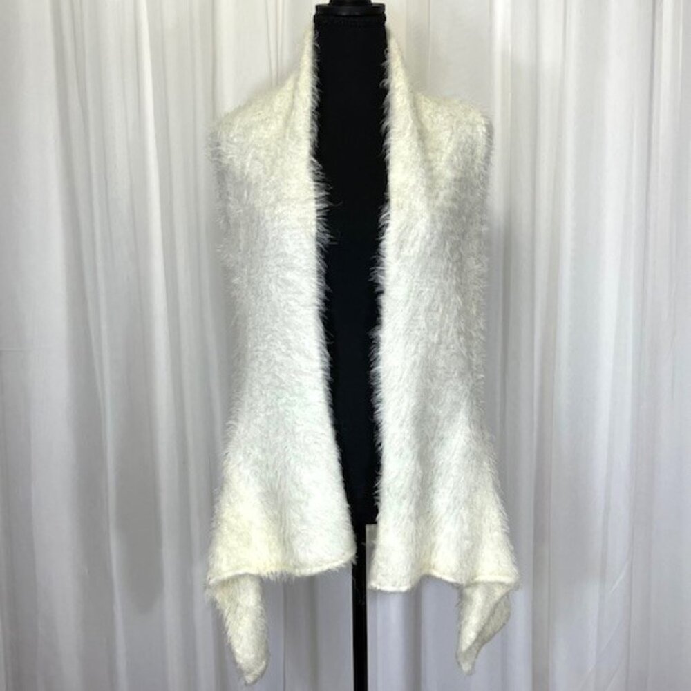 ESCIO Waterfall White Open Front Fuzzy Cardigan Crochet Sweater Womens Small